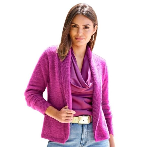Boston Proper Plush Short Open Front Cardigan Rolled Collar Small Fuchsia Pink - Picture 2 of 6